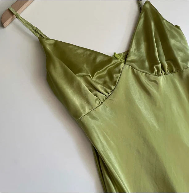 Special Occasion Sophisticated Graceful Stylish Elegant Green Satin V-Neck Sleeveless Prom Dress