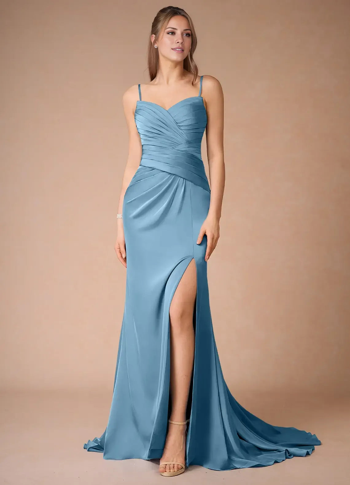 Beautiful Timeless Special Occasion Sophisticated Elegant Blue Satin Mermaid Sleeveless Prom Dress