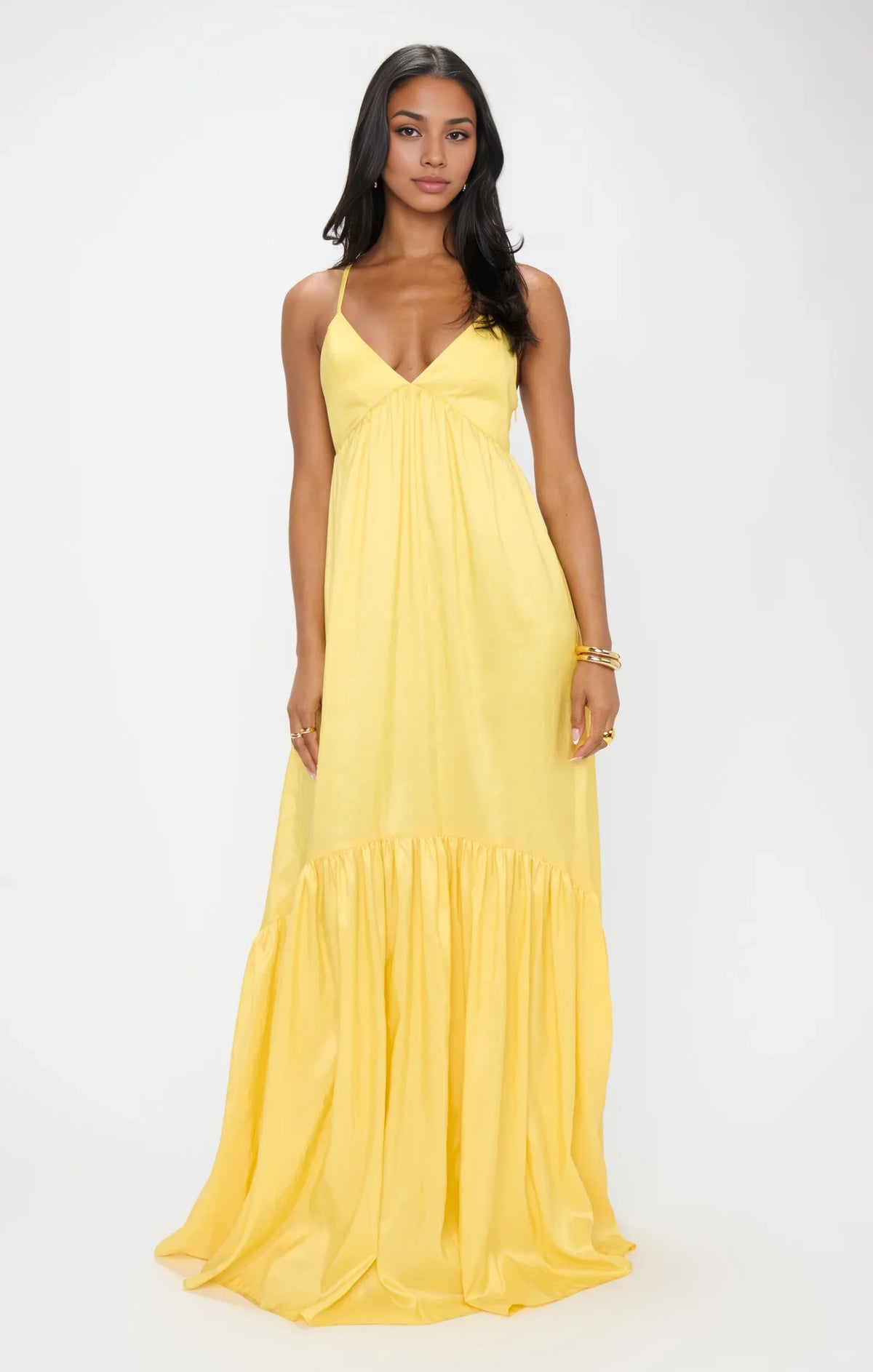 Sophisticated Graceful Stylish Refined Beautiful Elegant Yellow Satin Spaghetti Strap Prom Dress