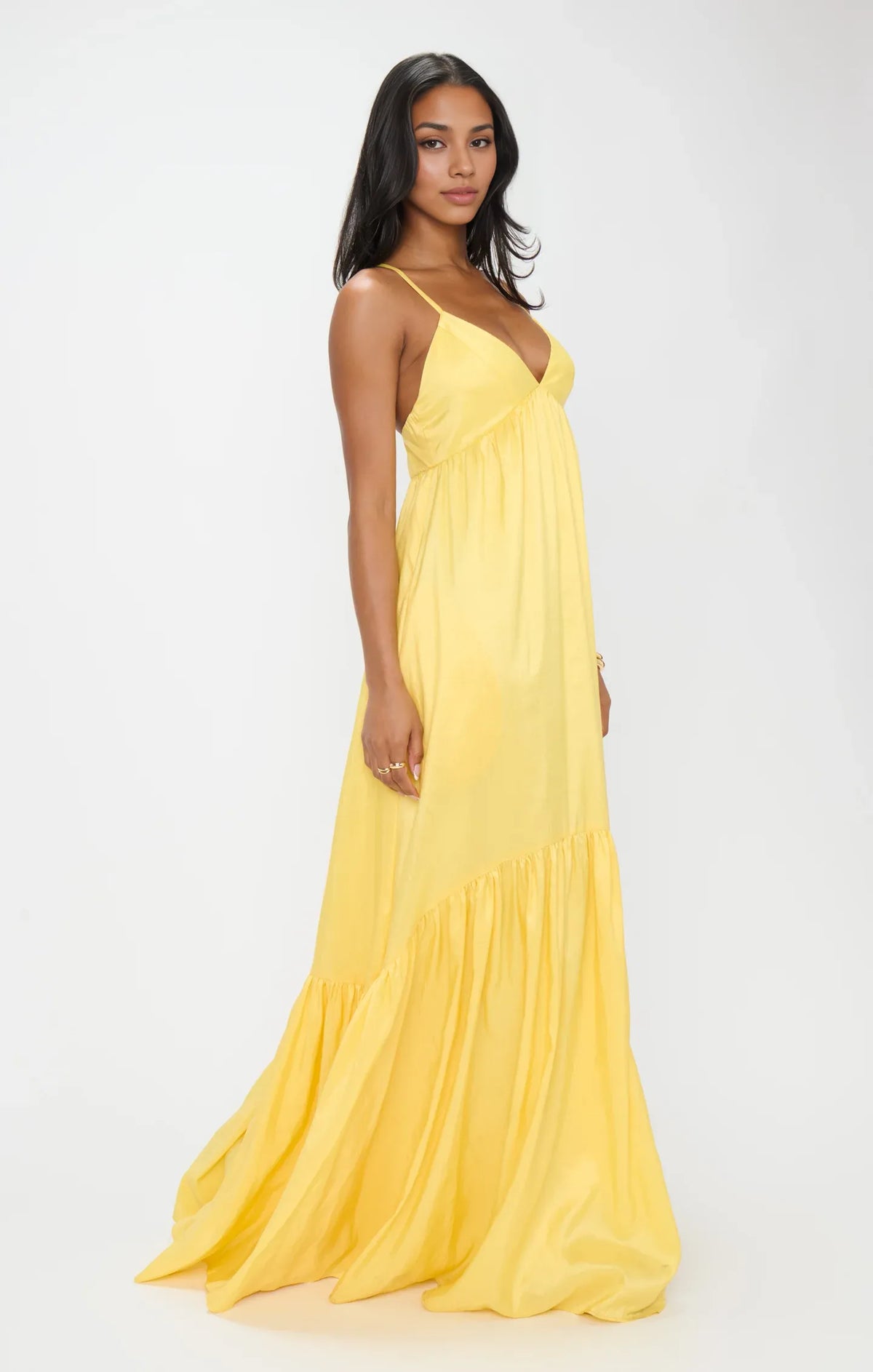 Sophisticated Graceful Stylish Refined Beautiful Elegant Yellow Satin Spaghetti Strap Prom Dress