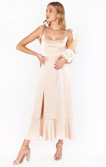 Special Occasion Sophisticated Graceful Stylish Elegant Champagne Satin Square Neck Sleeveless Prom Dress