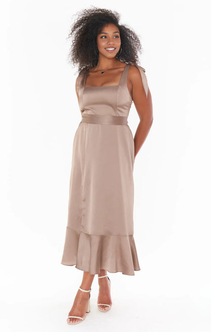 Special Occasion Sophisticated Graceful Stylish Elegant Champagne Satin Square Neck Sleeveless Prom Dress
