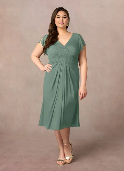 Beautiful Elegant A-Line V-Neck Short Sleeve Short Mother of the Bride Dress