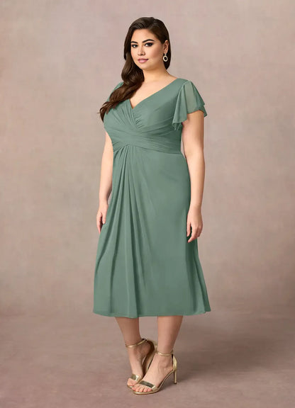 Beautiful Elegant A-Line V-Neck Short Sleeve Short Mother of the Bride Dress
