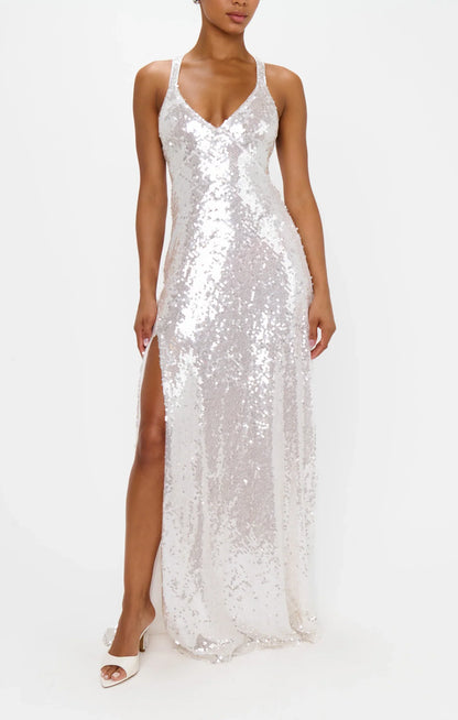 Beautiful Timeless Special Occasion Sophisticated Graceful Elegant Champagne Sequins Sleeveless Prom Dress