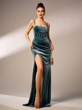 Timeless Special Occasion Sophisticated Graceful Elegant Velvet Spaghetti Strap Long Prom Dress