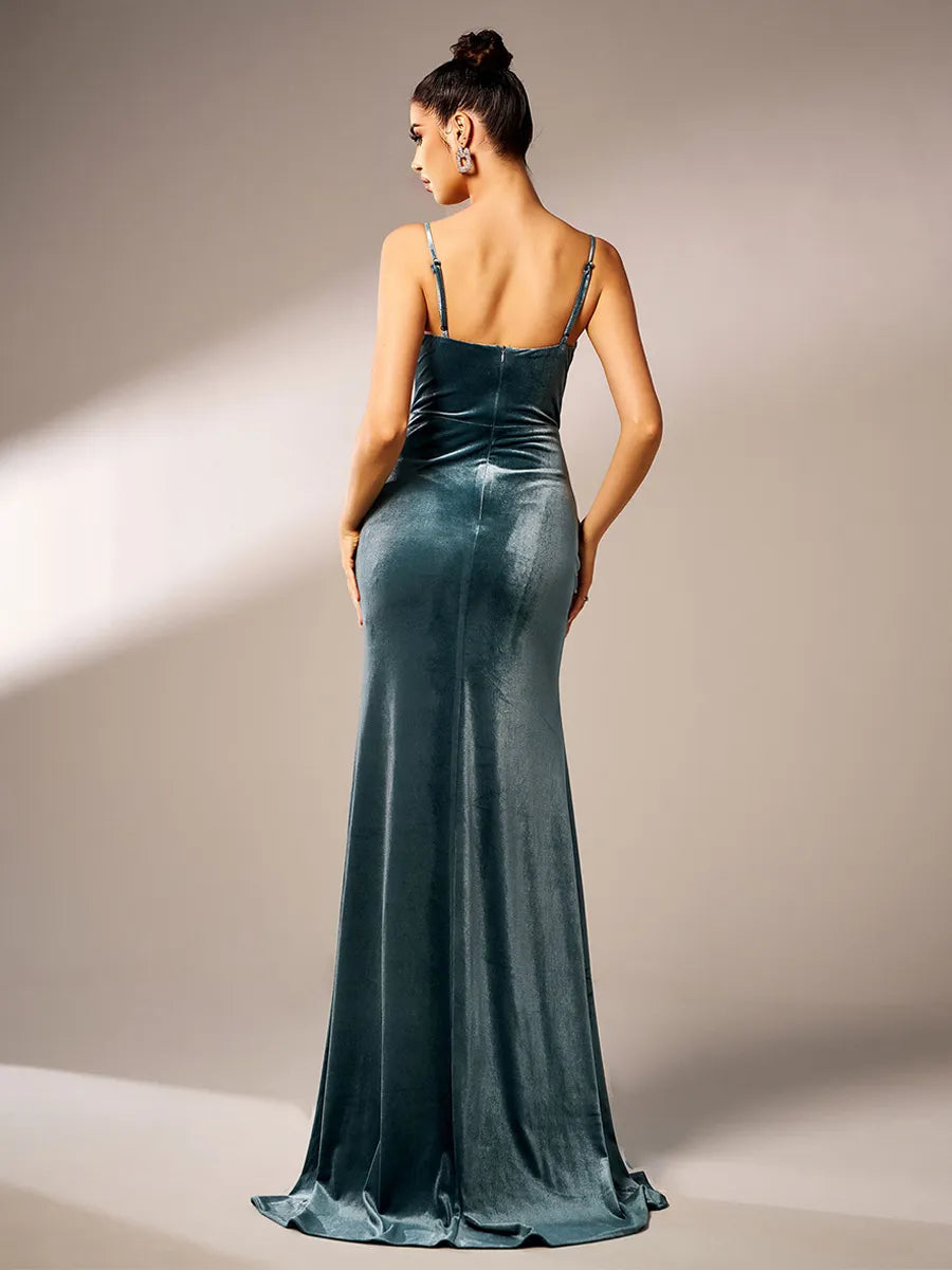 Timeless Special Occasion Sophisticated Graceful Elegant Velvet Spaghetti Strap Long Prom Dress