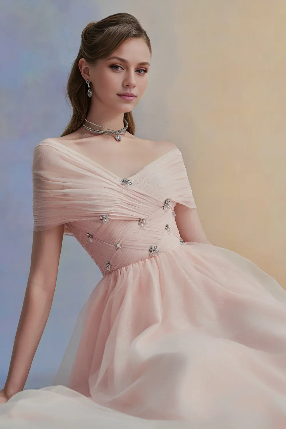 Timeless Special Occasion Elegant Red Tulle A-Line V-Neck Pleated Midi Evening Dress
