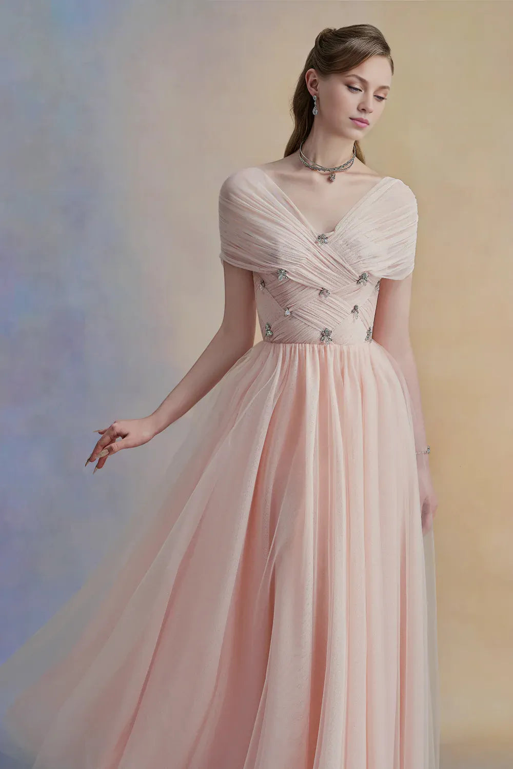 Timeless Special Occasion Elegant Red Tulle A-Line V-Neck Pleated Midi Evening Dress