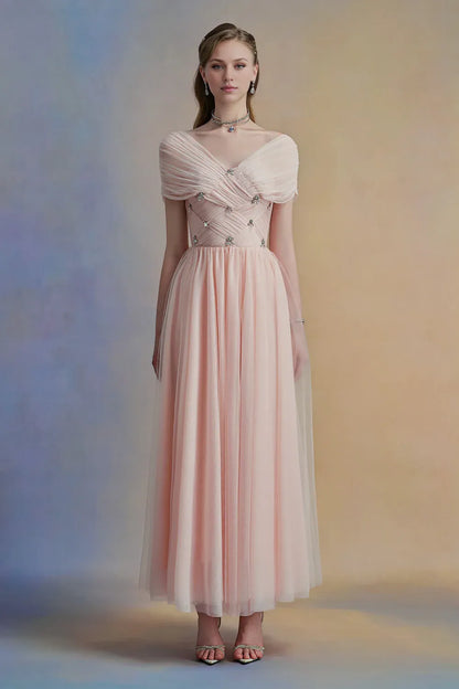 Timeless Special Occasion Elegant Red Tulle A-Line V-Neck Pleated Midi Evening Dress