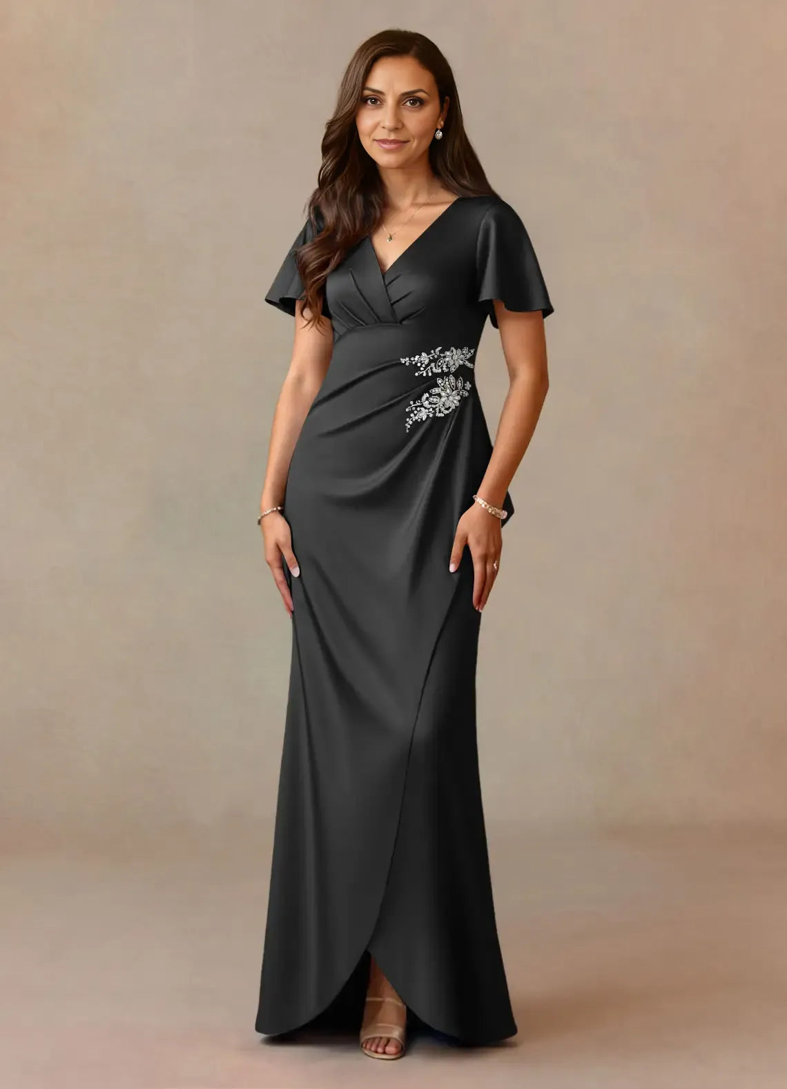 Elegant Dusty Rose Satin A-Line V-Neck Pleated Floor-Length Mother of the Bride Dress