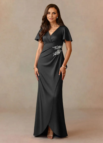 Elegant Dusty Rose Satin A-Line V-Neck Pleated Floor-Length Mother of the Bride Dress