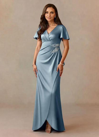 Elegant Dusty Rose Satin A-Line V-Neck Pleated Floor-Length Mother of the Bride Dress