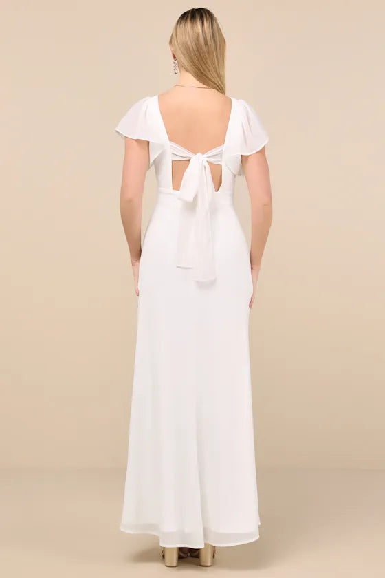 White Evening Dress with Ruffled Flutter Sleeves Sweetheart Neckline Long Flowy Slit Skirt