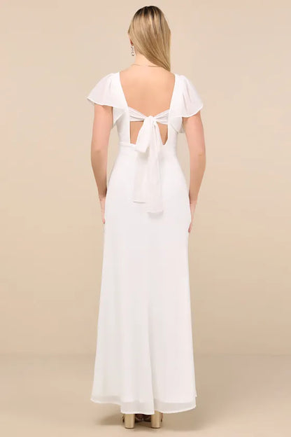 Elegant White Ruffled A-Line Sweetheart Classic-Sleeve Classic-Back Floor-Length Evening Dress