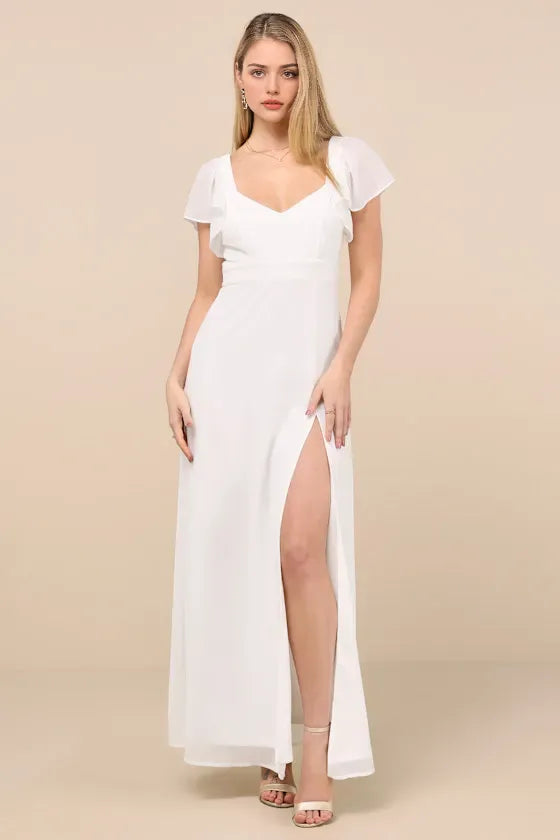 White Evening Dress with Ruffled Flutter Sleeves Sweetheart Neckline Long Flowy Slit Skirt