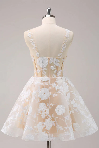 Elegant White Floral A-Line Classic-Neck Classic-Sleeve Lace-Up-Back Mini-Length Homecoming Dress