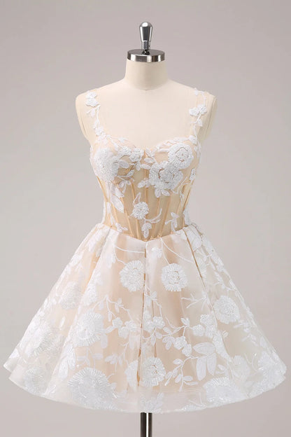 Elegant White Floral A-Line Classic-Neck Classic-Sleeve Lace-Up-Back Mini-Length Homecoming Dress