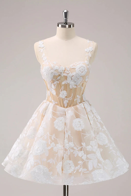 Elegant White Floral A-Line Classic-Neck Classic-Sleeve Lace-Up-Back Mini-Length Homecoming Dress