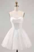 White Corset Spaghetti Straps Short Homecoming Dress with