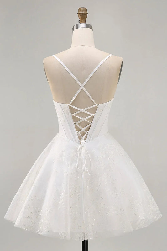 Elegant White Floral A-Line Classic-Neck Sleeveless Lace-Up-Back Mini-Length Homecoming Dress