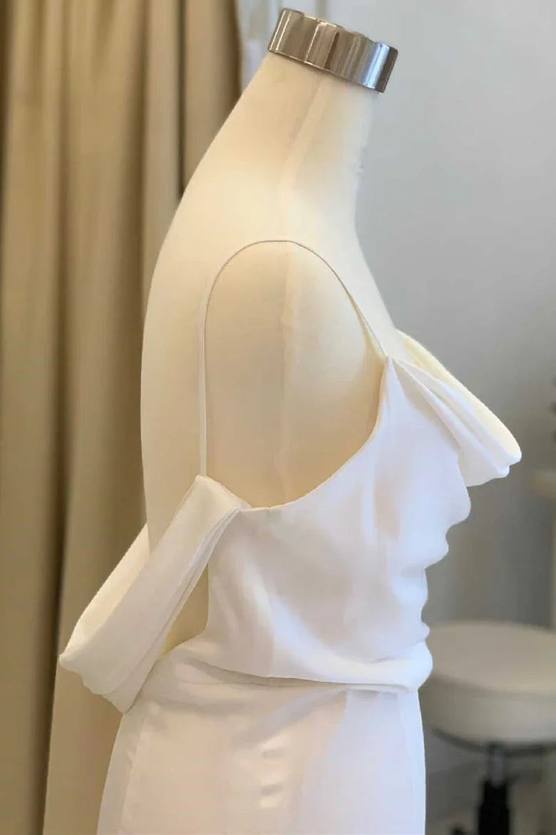 White Cowl Neck Backless Mermaid Long Wedding Dress