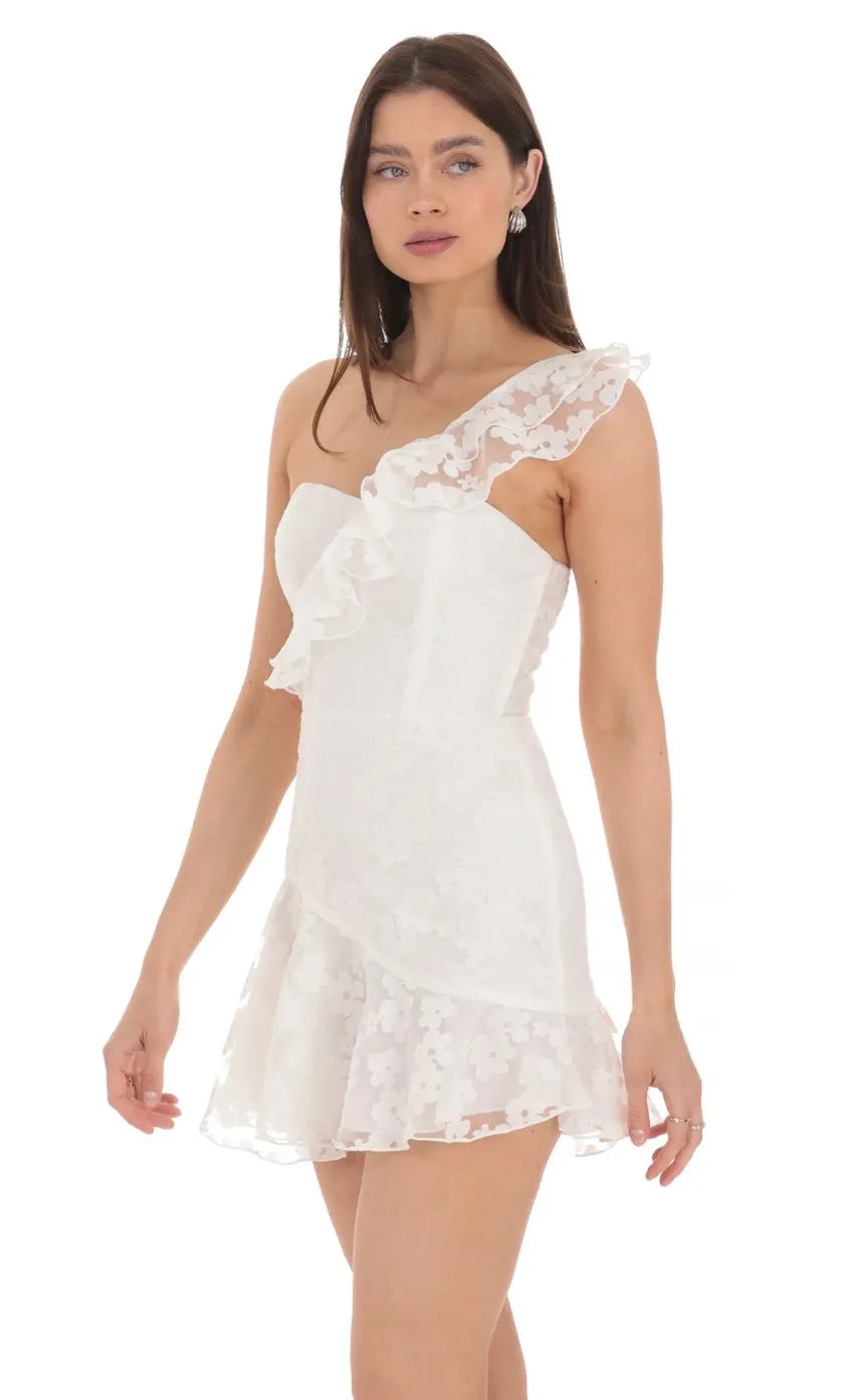 White Floral Homecoming Dress One Shoulder Ruffled Skirt Romantic Textures for School Dance Charm
