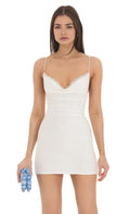 White Homecoming Dress with Spaghetti Straps Cowl Neckline Trim and Bodycon Fit Ideal for Making a Graceful Statement