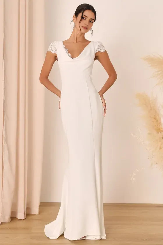 White Mermaid Evening Dresses with Cowl Neck Trimmed Cap Sleeves Figure Silhouette Elegant