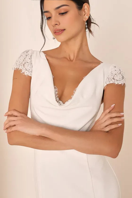 White Mermaid Evening Dresses with Cowl Neck Trimmed Cap Sleeves Figure Silhouette Elegant