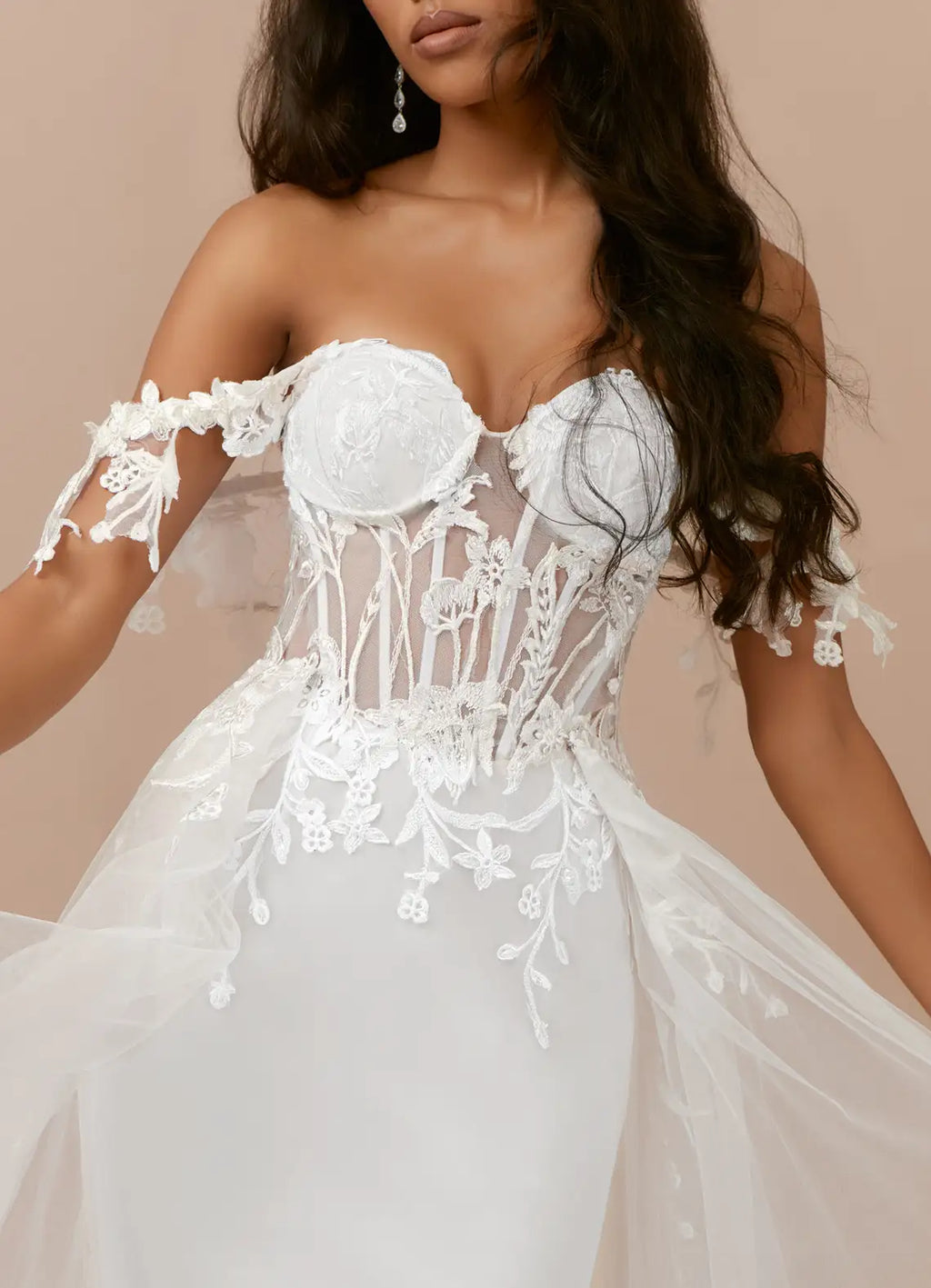 White Off - Shoulder Mermaid A-Line Sequins Wedding Dress with Sheer Corset Detail