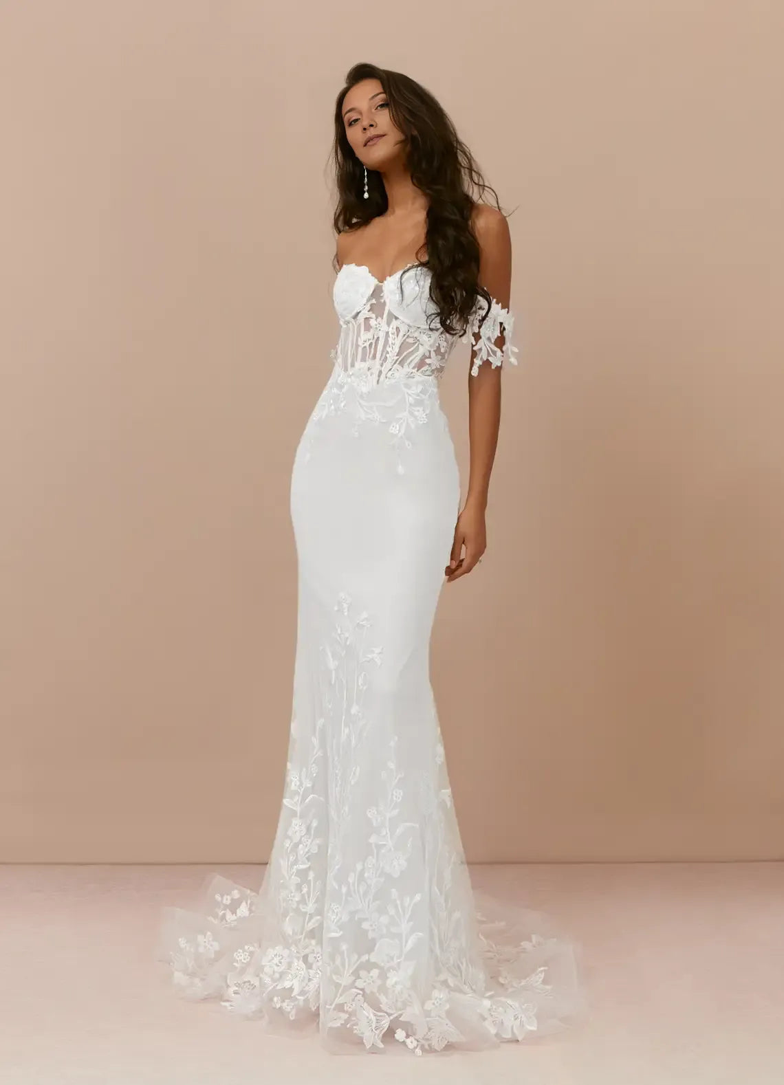 White Off - Shoulder Mermaid A-Line Sequins Wedding Dress with Sheer Corset Detail