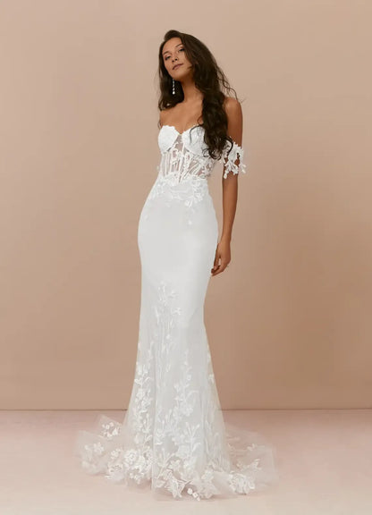 Elegant White Sequin A-Line Classic-Neck Classic-Sleeve Lace-Up-Back Floor-Length Wedding Dress