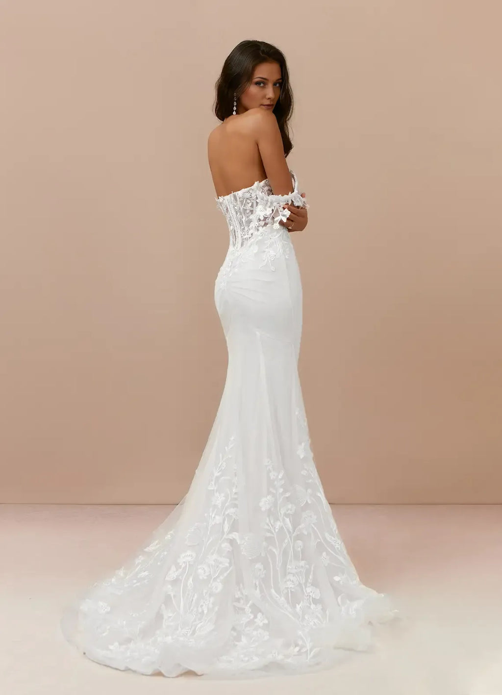White Off - Shoulder Mermaid A-Line Sequins Wedding Dress with Sheer Corset Detail