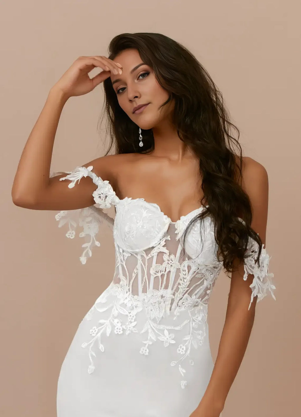 White Off - Shoulder Mermaid A-Line Sequins Wedding Dress with Sheer Corset Detail