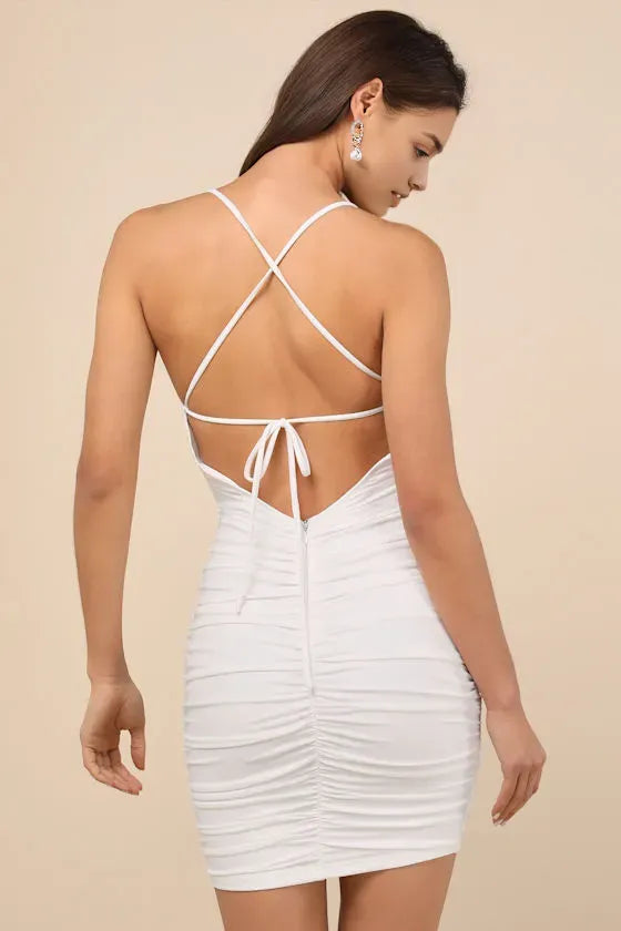 White Ruched Homecoming Dress Square Neck Spaghetti Straps Bodycon Fit Radiate Pure Elegance at Your School Dance
