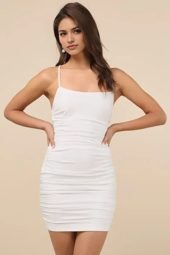 White Ruched Homecoming Dress Square Neck Spaghetti Straps Bodycon Fit Radiate Pure Elegance at Your School Dance