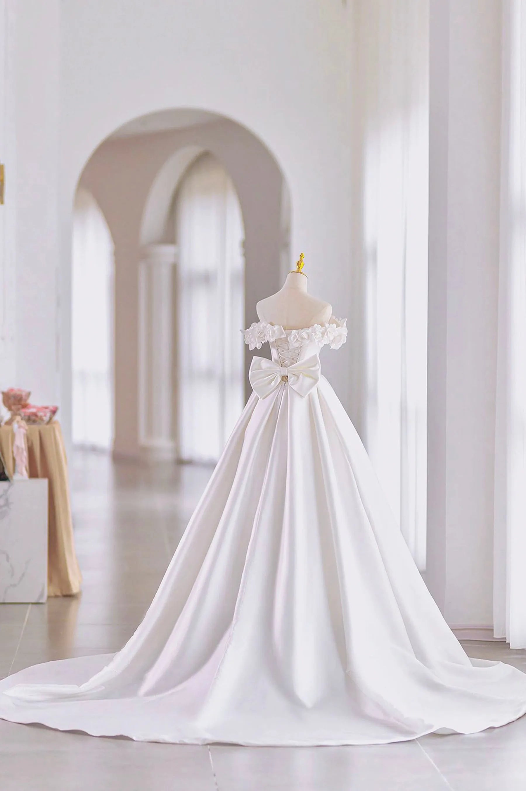 White Long A-Line Ball Gown, Off the Shoulder Wedding Gown