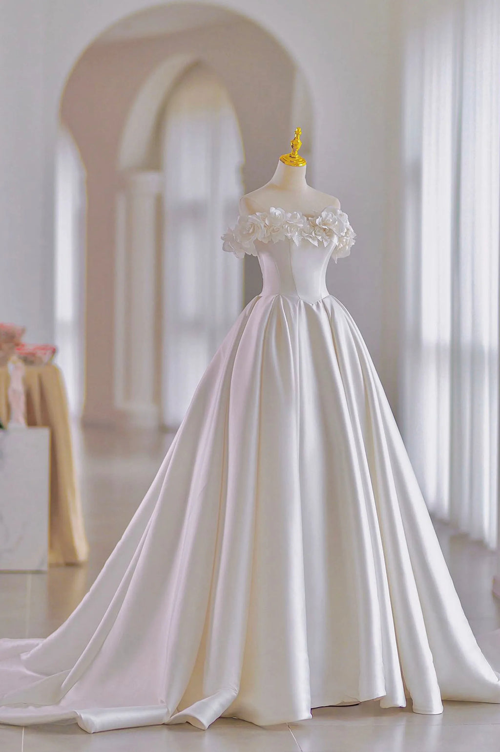 White Long A-Line Ball Gown, Off the Shoulder Wedding Gown