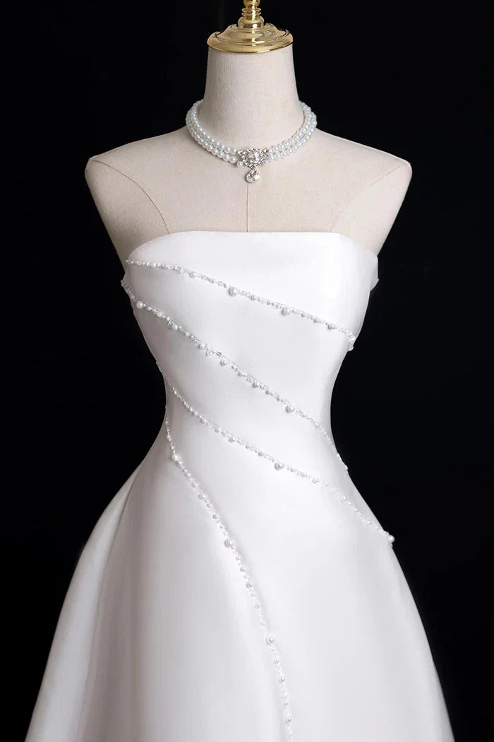 White Pearl Long A-Line Prom Dress White Party Dress