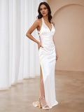 White Prom Dress Halter Neck Flowy Mermaid Skirt Beachy Glam for Destination Dances