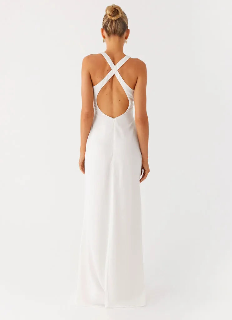 White Prom Dress with Plunging V - Neckline and Fitted Silhouette for Formal Occasions