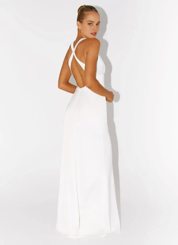 White Prom Dress with Plunging V - Neckline and Fitted Silhouette for Formal Occasions