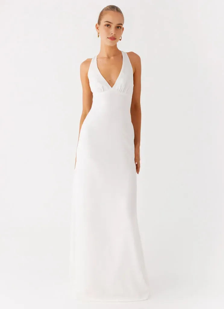 White Prom Dress with Plunging V - Neckline and Fitted Silhouette for Formal Occasions