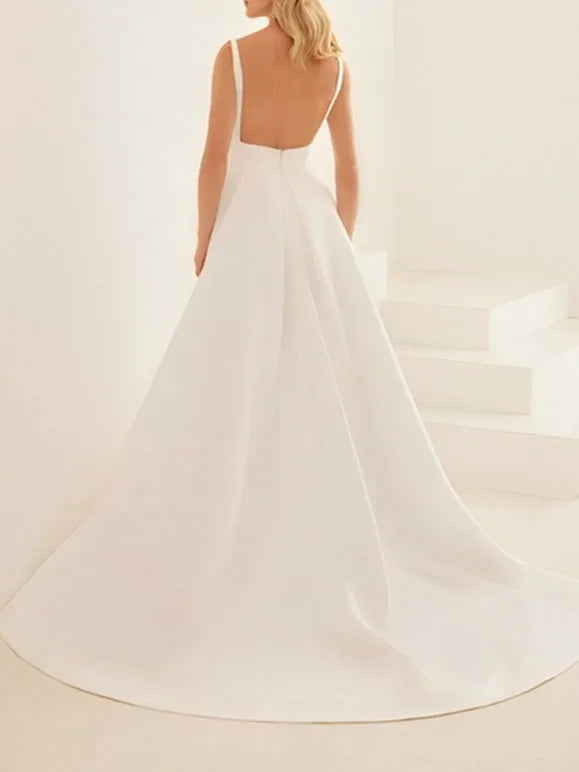 White Wedding Dress Deep V - Neck High Side Slit Open Back