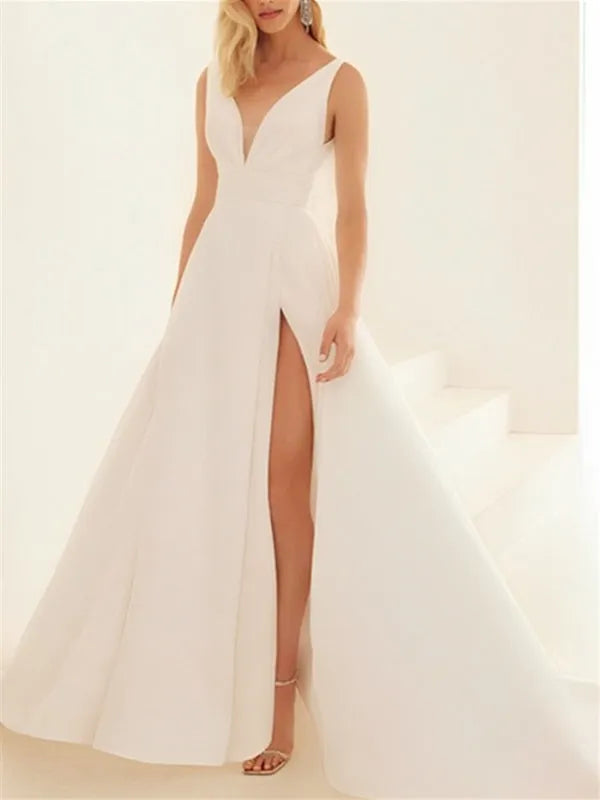 White Wedding Dress Deep V - Neck High Side Slit Open Back
