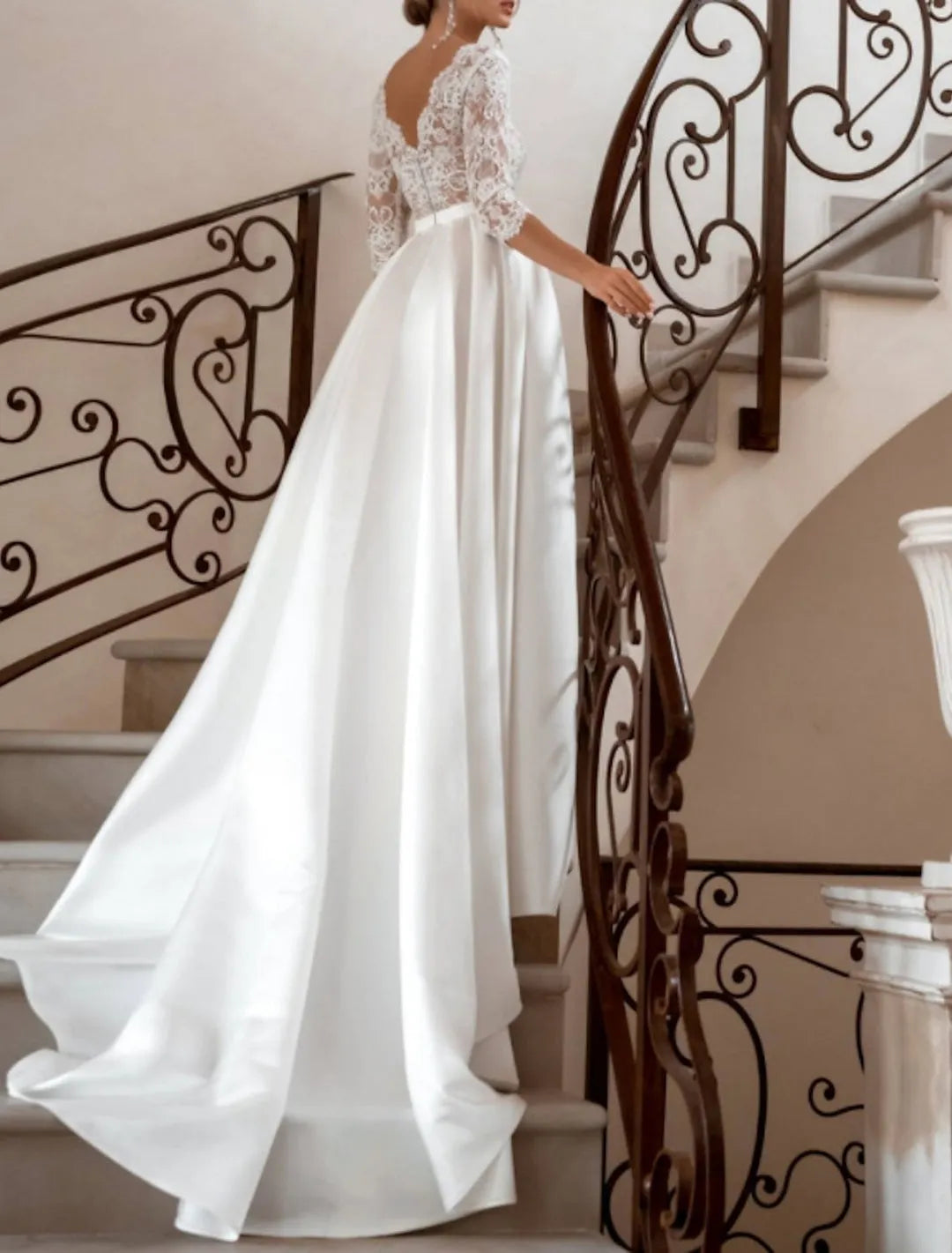 White Wedding Dress Deep V - Neck Half Sleeves Ball Gown Train