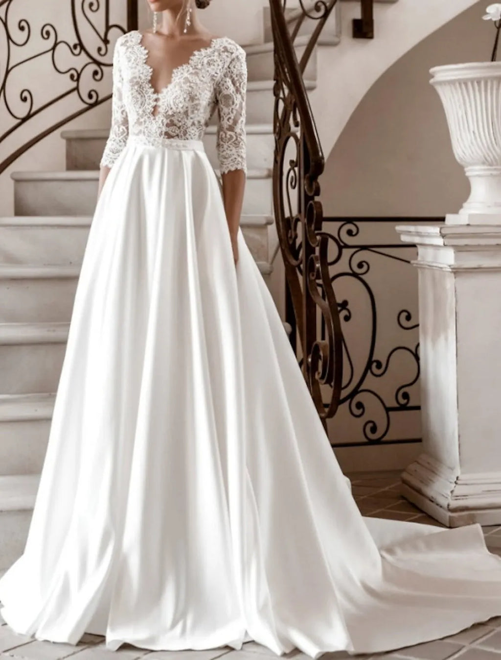 White Wedding Dress Deep V - Neck Half Sleeves Ball Gown Train