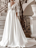 White Wedding Dress Deep V - Neck Half Sleeves Ball Gown Train