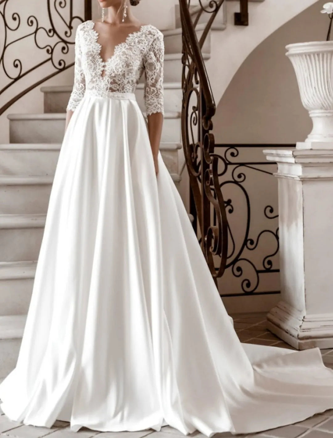 White Wedding Dress Deep V - Neck Half Sleeves Ball Gown Train